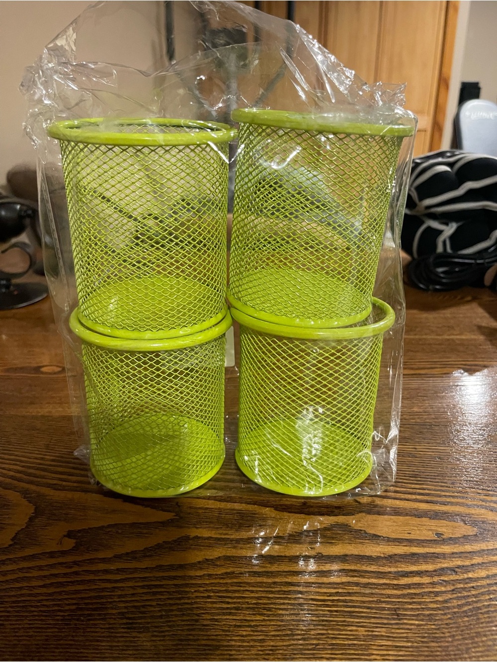 Bright Lime Green Mesh Pencil Cup Set of Four